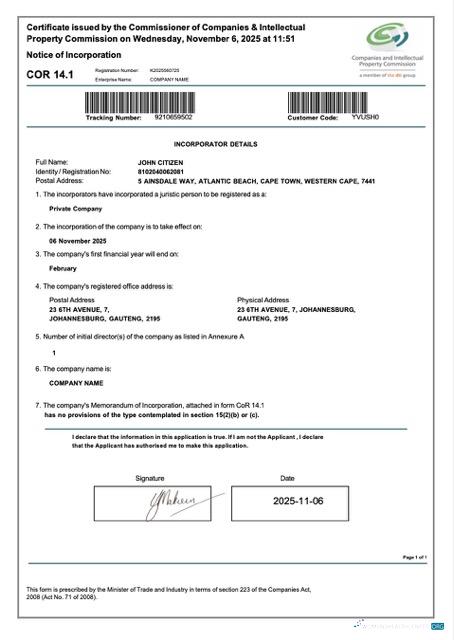 Download South Africa certificate of incorporation Word and PDF template Photoshop template